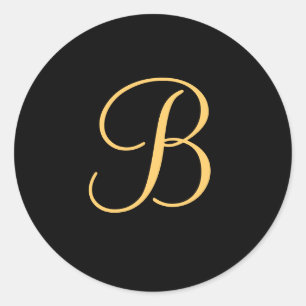 Monogram B,  gold coloured initial B on black, Classic Round Sticker