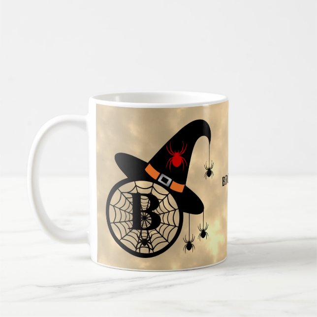 Monogram B Halloween Sky Witch Spiders Name Coffee Mug (Left)