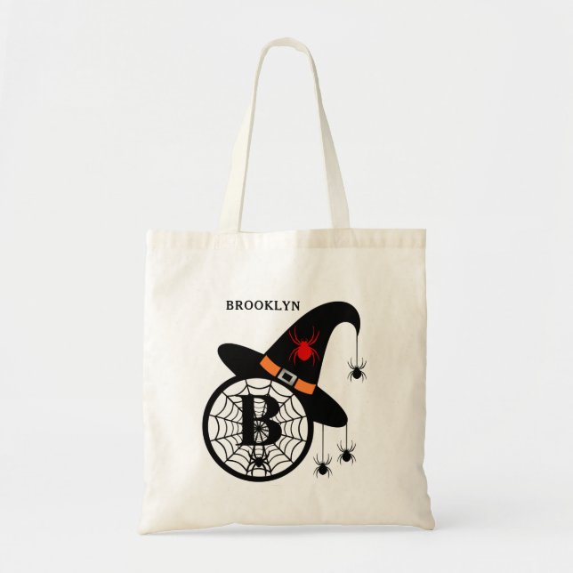 Monogram B Halloween Witch Spiders Your Name Tote Bag (Front)