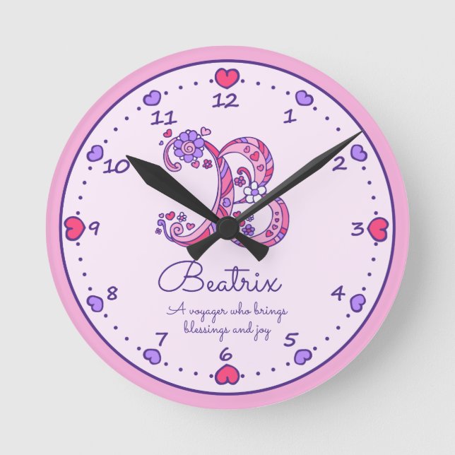 Monogram B hearts girls name meaning pink clock (Front)