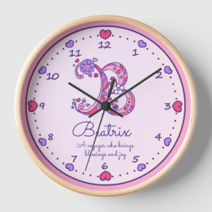 Monogram B hearts girls name meaning pink clock