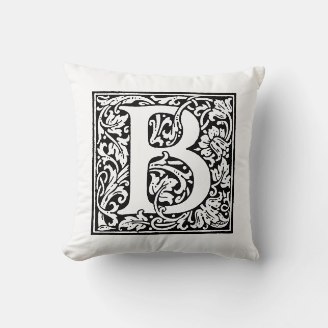 Monogram B Initial Black and White Floral Pattern Cushion (Front)