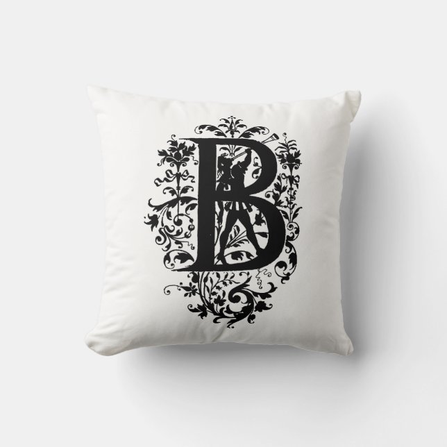Monogram B Initial Black and White Floral Pattern Cushion (Front)