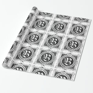 Monogram B Initial Black and White Square Pattern Wrapping Paper