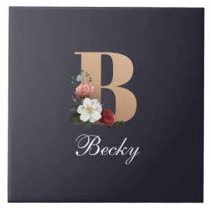 Monogram B, pretty floral design, Ceramic Tile
