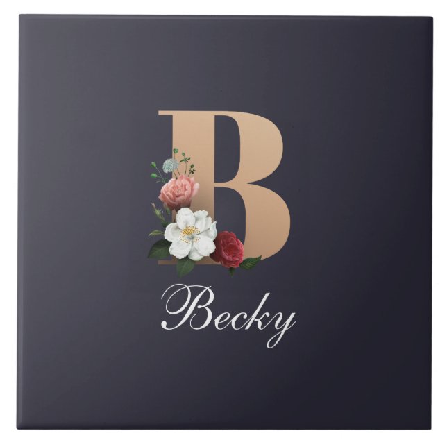 Monogram B, pretty floral design, Ceramic Tile (Front)