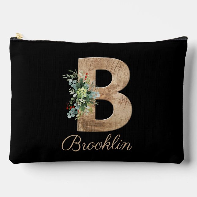 Monogram B wood letter violet flower black Accessory Pouch (Front)
