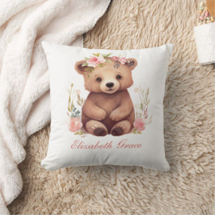 Monogram Baby Bear Girls Pink Flowers Nursery  Cushion