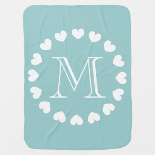 Monogram baby blanket   turquoise and white hearts