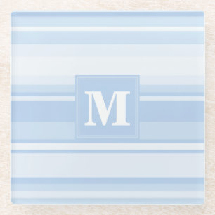 Monogram baby blue stripes glass coaster