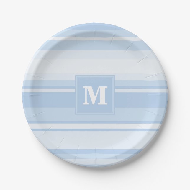 Monogram baby blue stripes paper plate (Front)