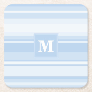 Monogram baby blue stripes square paper coaster