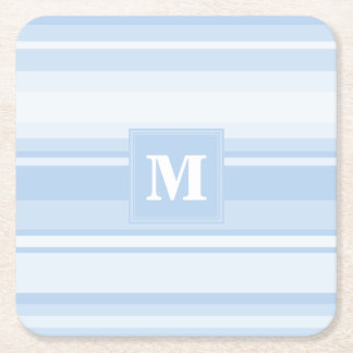 Monogram baby blue stripes square paper coaster