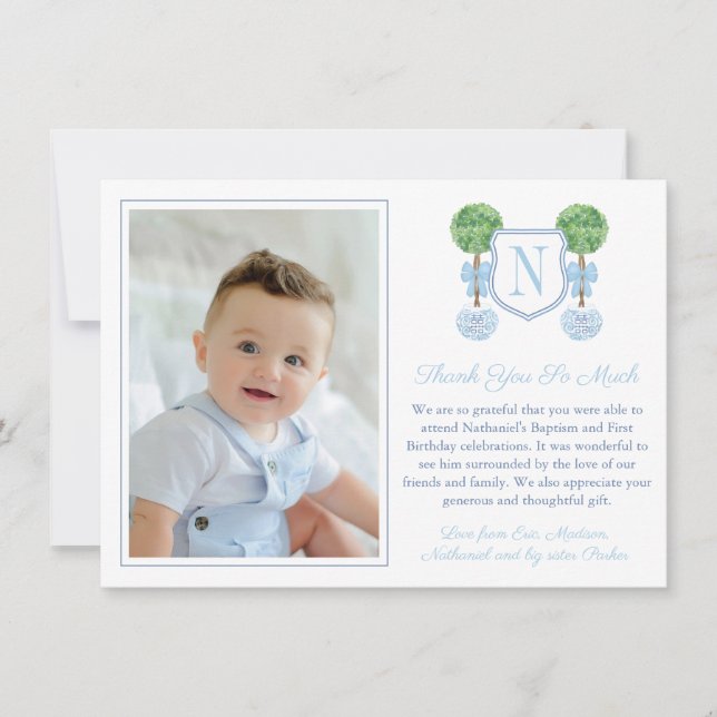 Monogram Baby Boy Birthday Christening Picture Tha Thank You Card (Front)