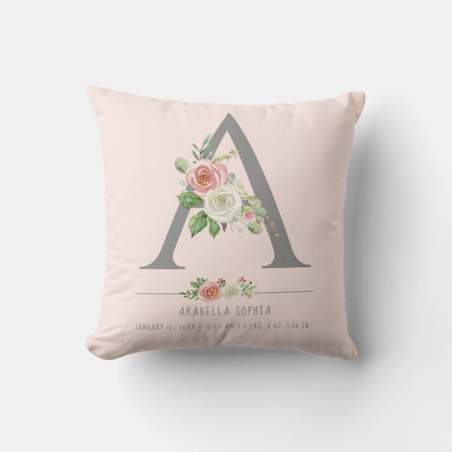 Monogram Baby Girl | Birth Stats Heart Floral Cushion (Front)