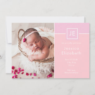 Monogram Baby Girl Photos Pink Modern Birth Announcement