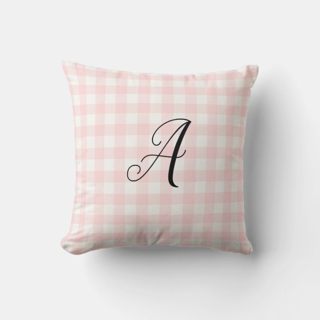 Monogram Baby Girl Pink Check Buffalo Throw Pillow (Front)