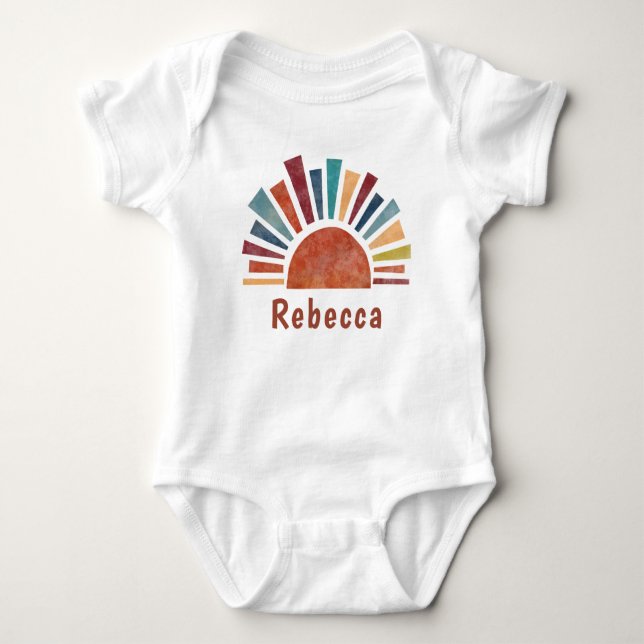Monogram Baby Name Earthy Retro Sun Gender Neutral Bodysuit (Front)