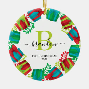 Monogram Baby Name First Christmas Xmas Wreath Ceramic Ornament