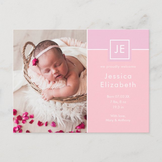 Monogram Baby Photos Elegant Pink Modern Birth Announcement Postcard (Front)