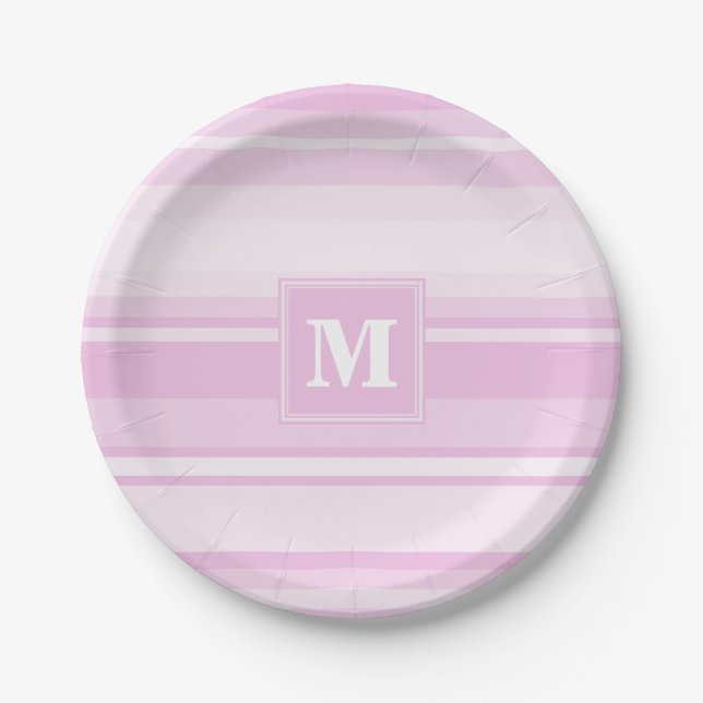 Monogram baby pink stripes paper plate (Front)
