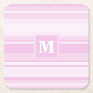 Monogram baby pink stripes square paper coaster