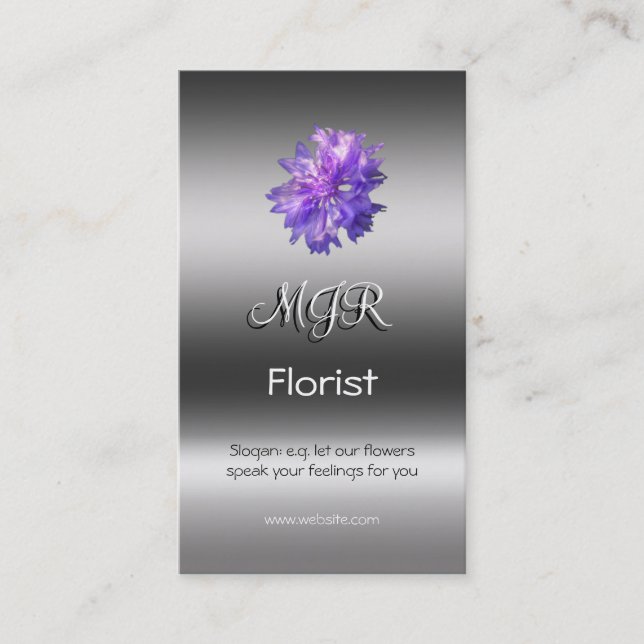 Monogram, Bachelors Button Florist, metallic-look Business Card (Front)