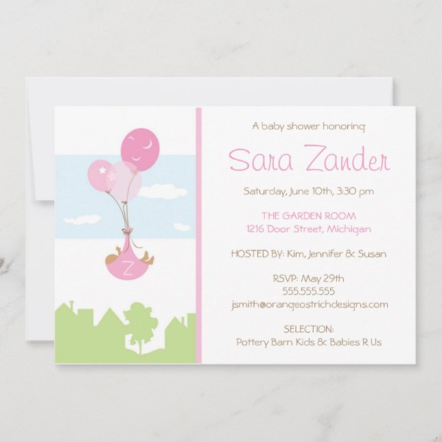 Monogram Balloon Baby Shower Invitation - Girl (Front)