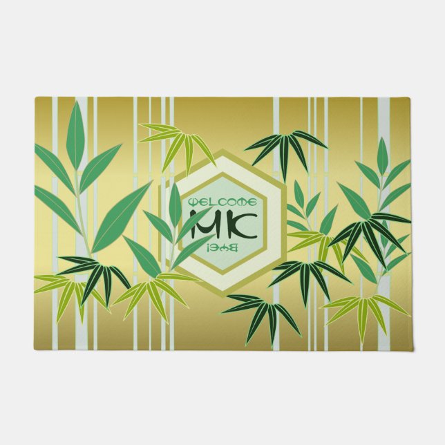 Monogram Bamboo Green Gold Hexagon Oriental Doormat (Front)