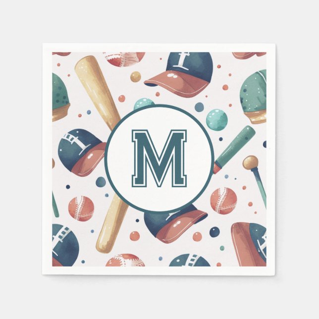 Monogram Baseball Theme Pattern Personalised Napkin (Front)