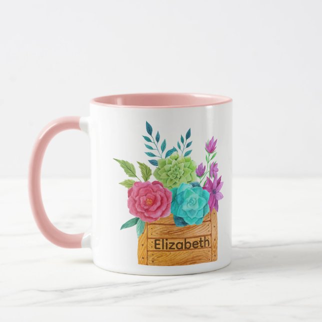 Monogram Basket of Flowers Watercolor  Mug (Left)