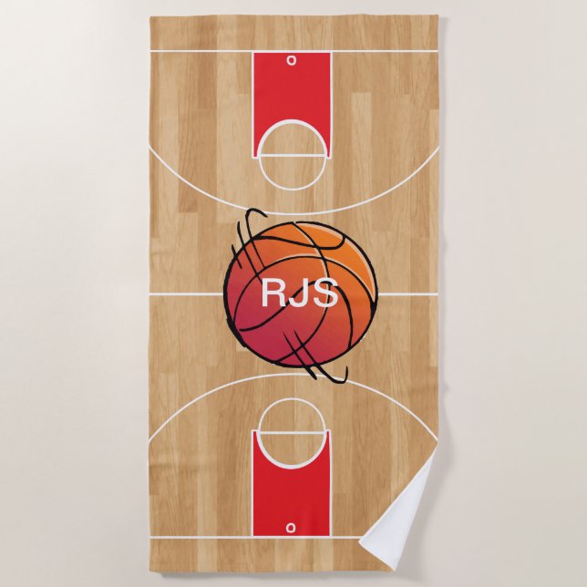 Monogram Basketball on Basketball Court Beach Towel (Front)