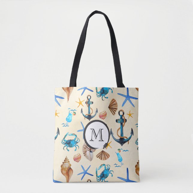 Monogram Beach And Sea Life Themed Pattern Tote Bag (Front)