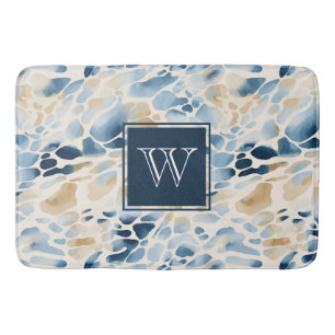 Monogram Beach Blue and Tan Wave Pattern Bath Mat