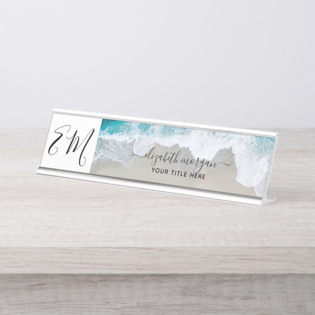 Monogram Beach Blue Green Elegant Professional Desk Name Plate (Front)