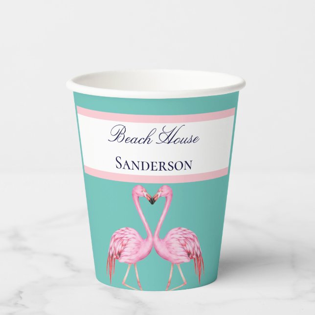 Monogram Beach House Teal Flamingos navy blue   Co Paper Cups (Front)
