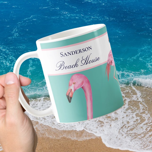 Monogram Beach House Teal Flamingos navy blue   Coffee Mug (Creator Uploaded)