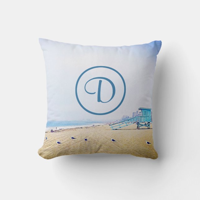 Monogram beach ocean seagulls lifeguard booth bold cushion (Front)