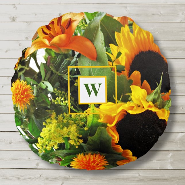 Monogram Beautiful Autumn Fall Sunflowers Round Cushion (Creator Uploaded)