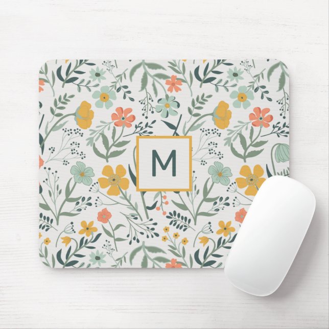 Monogram Beautiful Botanical Floral Pattern Mouse Pad (With Mouse)