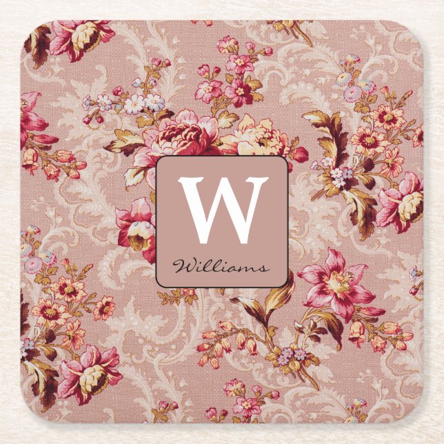 Monogram beautiful pattern Trendy retro  Square Paper Coaster (Front)
