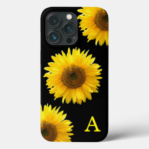 Monogram & Beautiful Sunflowers on Black iPhone 13 Pro Case