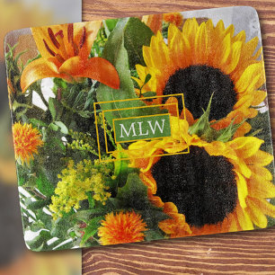 Monogram, Beautiful Sunflowers Print Glass Cutting Board