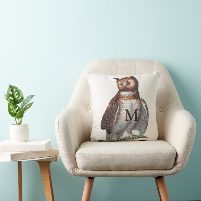 Monogram Beautiful Vintage Ilustration of Owl Cushion (Chair)