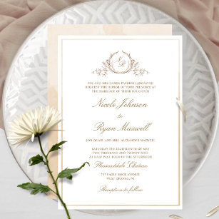 Monogram Beige Cream Watercolor Formal Wedding Invitation