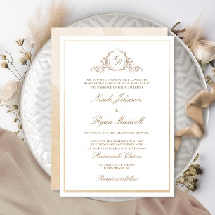 Monogram Beige Cream Watercolor Formal Wedding Invitation