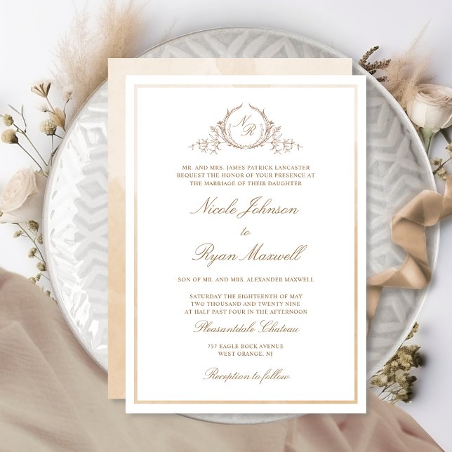 Monogram Beige Cream Watercolor Formal Wedding Invitation (Creator Uploaded)