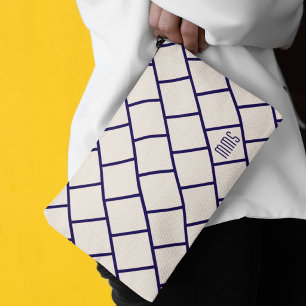 Monogram Beige & Navy Blue Stylish Trellis Pattern Accessory Pouch