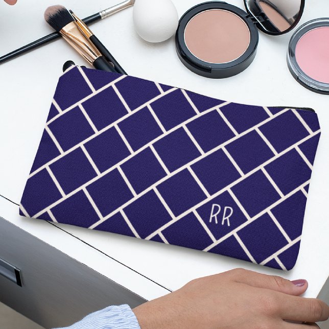 Monogram Beige & Navy Blue Stylish Trellis Pattern Accessory Pouch (Creator Uploaded)