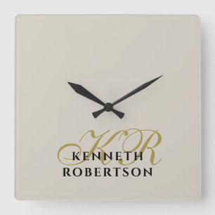 Monogram Beige Sand Gold Black Minimalist Men Square Wall Clock